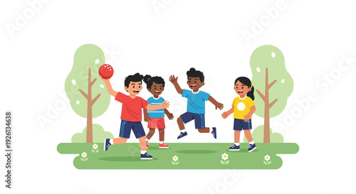 Diverse group of happy children playing a ball game outdoors in a park with trees and grass on a sunny day.