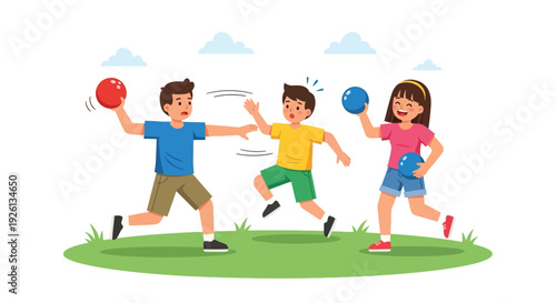 Three happy children playing an energetic game of dodgeball outdoors on a sunny day, having fun and exercising.
