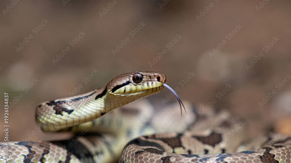 Obraz premium Close-up of a python with forked tongue outdoors in natural habitat.