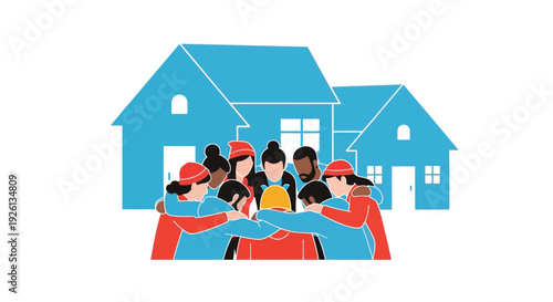 Diverse group of people huddle together in a supportive embrace in front of blue house silhouettes, symbolizing community, housing, and teamwork.