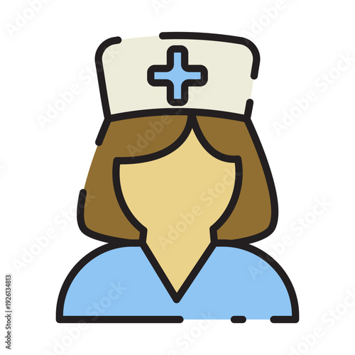 Cartoon nurse with a blue uniform and a white cap with a cross