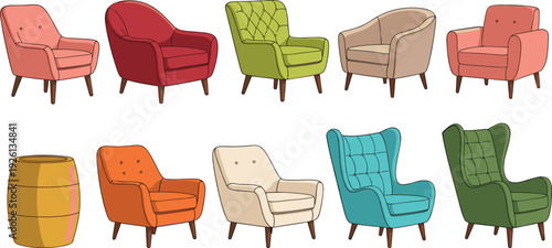 Colorful armchair collection vector illustration, modern lounge chairs set, retro furniture design elements, cozy interior seating isolated bundle pack