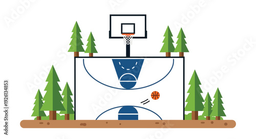 A stylized illustration of an outdoor basketball court with a hoop and a ball, surrounded by green pine trees on a brown ground.