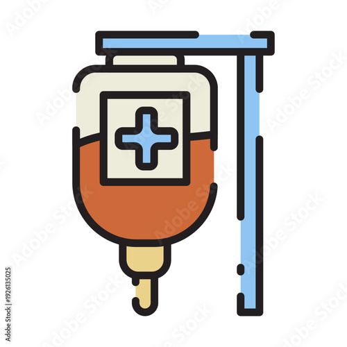 A flat graphic illustration of an IV drip bag and stand