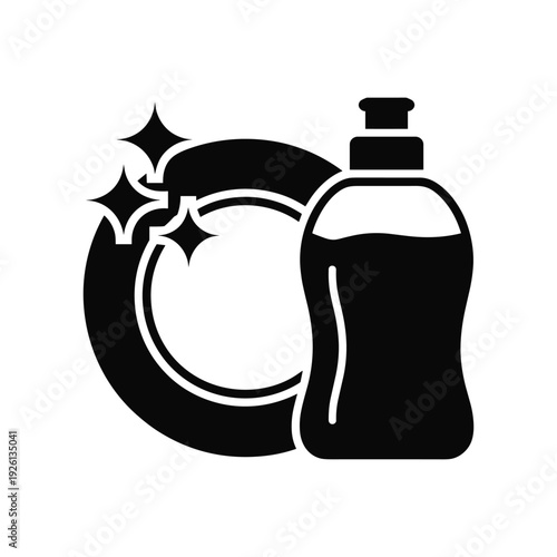 Dish Soap Bottle and Sparkling Clean Plate Icon Symbol Vector Illustration