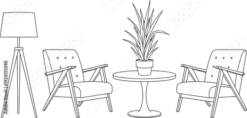 Living room furniture line art vector illustration, armchairs table plant and floor lamp outline, modern interior design sketch concept set