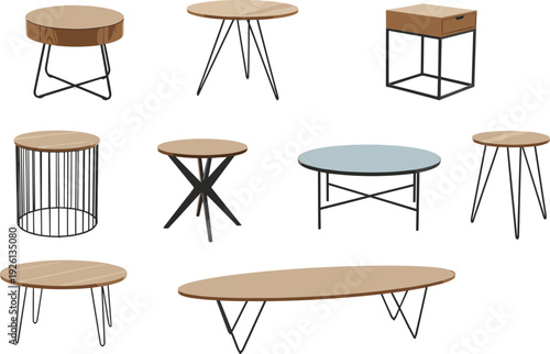 Modern coffee table collection vector illustration, round wooden tables with metal legs, minimalist interior furniture design elements isolated bundle set