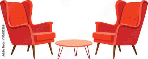 Modern red armchair pair with coffee table illustration, cozy living room furniture vector design, minimalist interior seating concept artwork