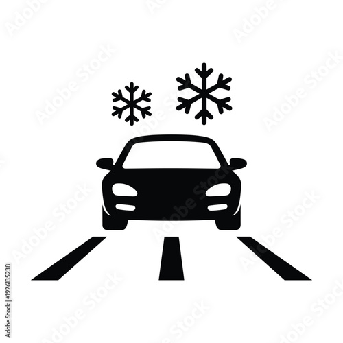 Car driving on snowy road with snowflakes winter weather driving icon stock illustration