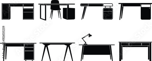Office desk silhouette collection vector illustration, modern workspace furniture icons set, table workstation shapes isolated minimal black design bundle
