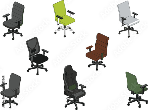 Office chair collection vector illustration, ergonomic swivel seating set, modern workspace furniture design icons isolated contemporary office interior bundle