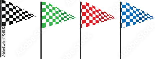 Set of four checkered racing pennant flags in black green red and blue colors isolated on white background for sports competition and finish