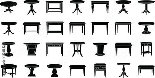 Round and square table silhouette collection vector illustration with classic pedestal and modern furniture designs isolated on white background