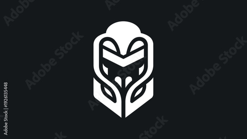 Abstract geometric emblem with organic elements and a face like structure.