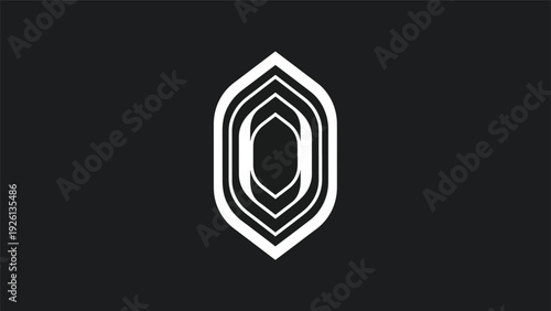 Abstract geometric layered oval shape with white lines on black.