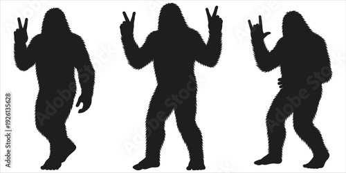 Three black silhouettes of Bigfoot or Sasquatch in different poses on white background yeti monster