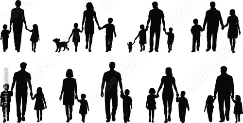 Electrician silhouettes and family walking group icons, manual labor cable installers, parents with children holding hands, professional technicians and motherhood.