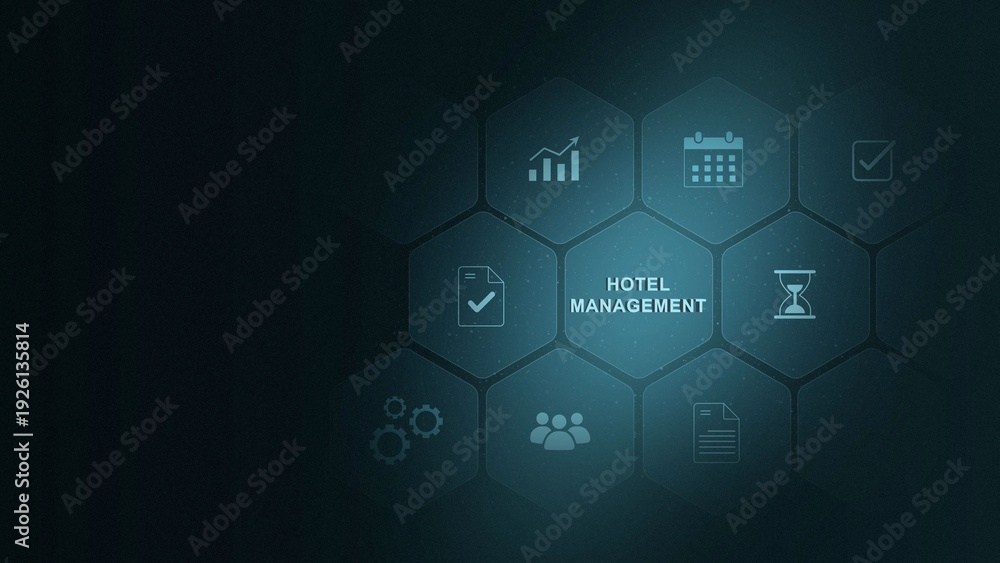 Obraz premium Hotel Management System Interface with Hands Typing on Keyboard in Modern Workspace for Hospitality Industry Operations and digital and illustration
