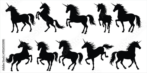 Ten black unicorn silhouettes in various dynamic poses on a white background Keywords: unicorn, horse, silhouette, mythical