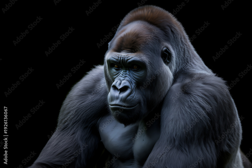 Fototapeta premium Imposing silverback gorilla with thoughtful expression on dark background