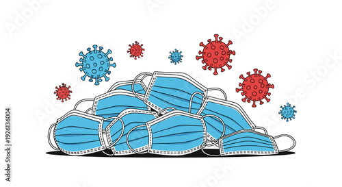 A pile of blue medical masks is surrounded by stylized coronavirus particles, symbolizing protection against the pandemic.