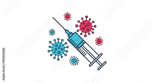 Illustration of a medical syringe with vaccine fluid surrounded by various virus particles, symbolizing vaccination and the fight against disease.