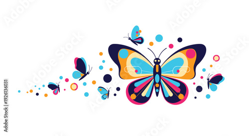 A vibrant and abstract illustration features a group of colorful butterflies with decorative dots, creating a playful and lively design.