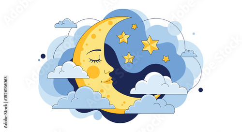 Peaceful sleeping crescent moon surrounded by soft clouds and twinkling stars in a serene night sky, symbolizing dreams and tranquility.