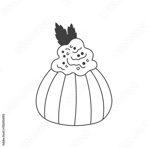 Baba au Rhum Italian Syrup Cake Illustration. Yeast pastry soaked with rum glaze, shipped cream and mint leaf, classic Neapolitan sweet drawing. Vector icon.