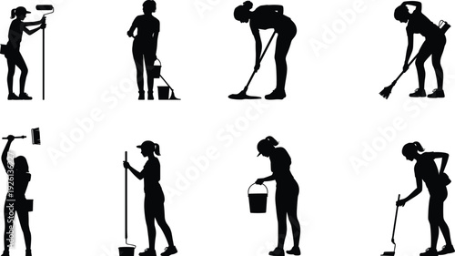 Female cleaning worker silhouettes sweeping mopping painting bucket tasks collection, janitor service people illustration concept set