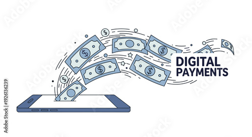 Digital payments concept showing money flowing from a smartphone, symbolizing mobile banking, online transactions, and financial technology.