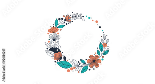 Elegant circular floral wreath illustration with teal leaves, peach flowers, and decorative dots, perfect for springtime designs.