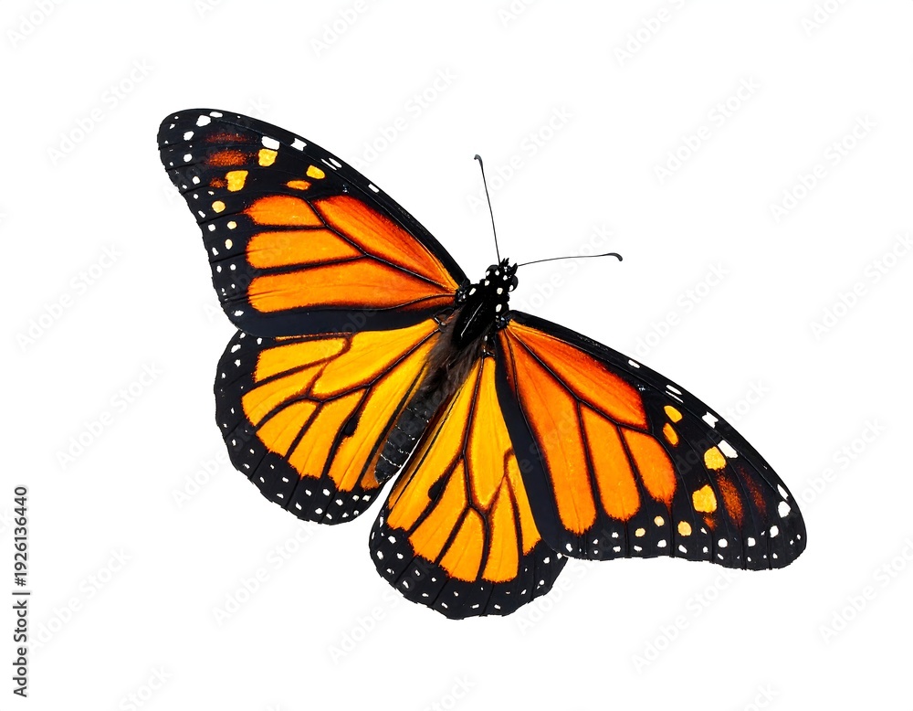 Fototapeta premium Close-up studio shot of an orange and black butterfly with intricate patterns, fully spread wings, against a clean white backdrop
