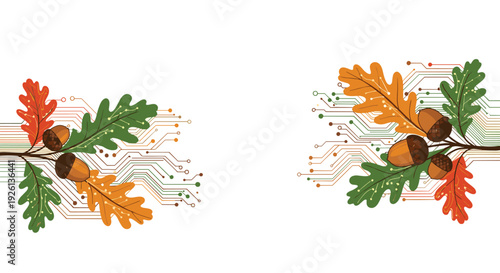 Innovative autumn nature technology vector illustration featuring oak branches with vibrant fall leaves and acorns intertwined with intricate circuit board patterns.
