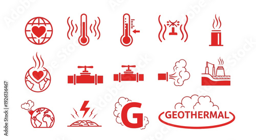 Industrial heat temperature control and thermal sensor icon set