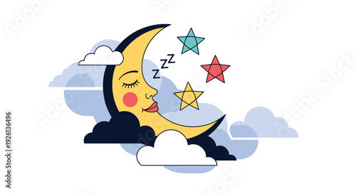 Whimsical cartoon illustration of a sleeping crescent moon with a happy face, nestled amongst fluffy clouds and colorful stars, perfect for sweet dreams.