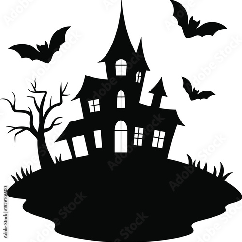 Spooky haunted house silhouette with bats and bare tree on white background halloween