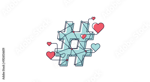 Creative illustration of a hashtag symbol adorned with interconnected lines and floating hearts, representing social media engagement, online love, and digital connection.