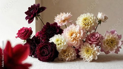 Elegant arrangement of burgundy and pale pink flowers on textured surface.