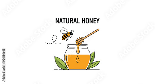 Charming minimalist illustration depicting a busy bee flying above a jar of "Natural Honey," complete with a wooden dipper and green leaves, symbolizing organic sweetness.