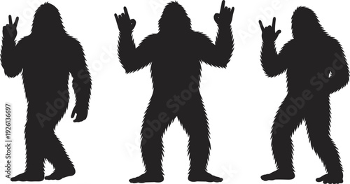 Three Bigfoot Silhouettes in Different Poses on White Background untitled
