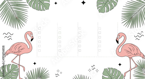 Elegant tropical vector background featuring two graceful pink flamingos framed by lush palm leaves and stylish geometric shapes, with ample copy space for text.