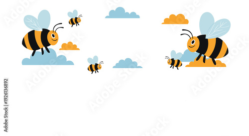 Charming illustration of large and small bees joyfully flying around fluffy blue and orange clouds, with generous white copy space in the center, perfect for spring or summer designs.