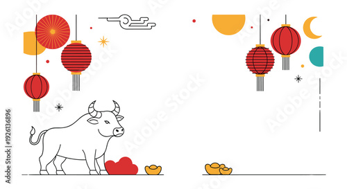Festive Chinese New Year illustration featuring a strong ox, traditional red lanterns, auspicious gold ingots, and abstract elements, symbolizing prosperity and good fortune.