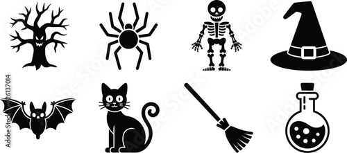 Spooky Halloween black silhouette icons featuring a tree, spider, skeleton, and witch hat Keywords: Halloween, spooky, scary
