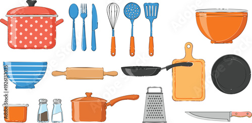 Cartoon Kitchen Utensils Set with Pots, Pans, Bowls, Cutlery, and Cooking Tools