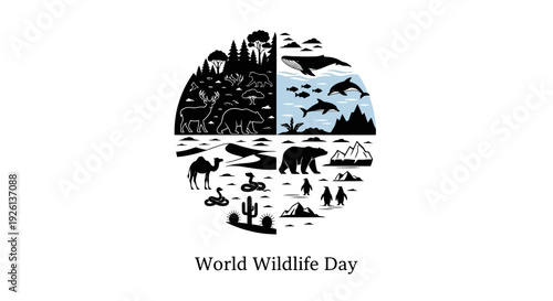 Black silhouette illustration of various animals and natural elements on World Wildlife Day, featuring a split design with forest and ocean scenes.