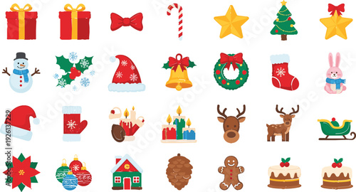 Festive Christmas Icon Set with Gifts, Snowman, Reindeer, Candles, Wreaths, and Holiday Decorations