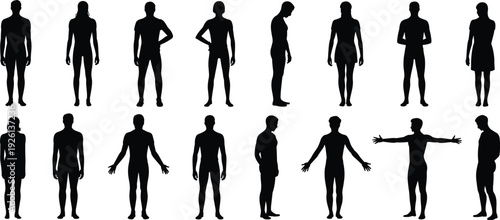 Human body silhouettes collection, male and female standing figures isolated black shadow people set for design