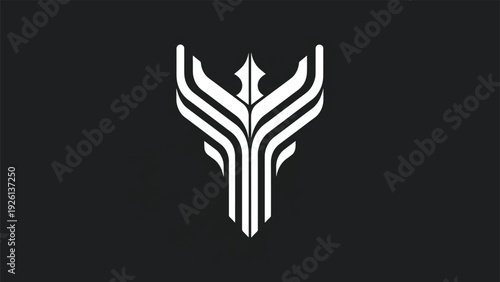 Abstract Stylized White Phoenix Emblem on Black Background.